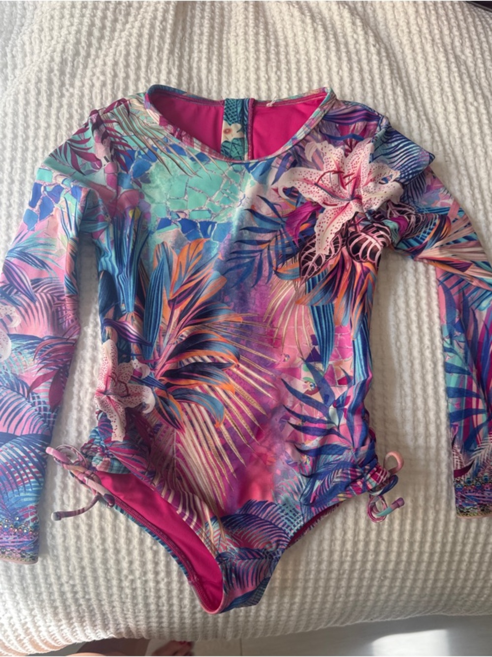 Camilla Kids Long-Sleeve Tropical One-Piece Swimsuit in Pink, Blue and Purple